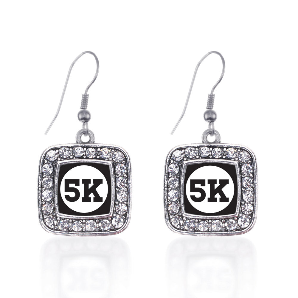 Silver 5K Runners Square Charm Dangle Earrings