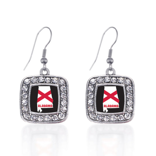 Silver Alabama State Flag Square Charm Dangle Earrings