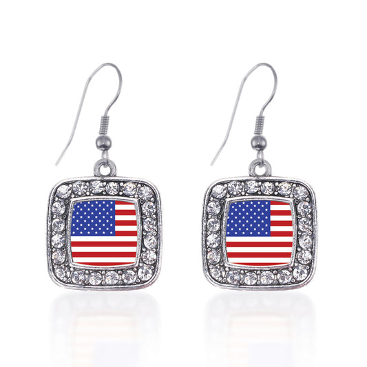 Silver American Flag Square Charm Dangle Earrings