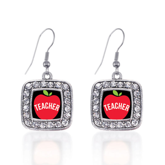 Silver Apples Are For Teachers Square Charm Dangle Earrings