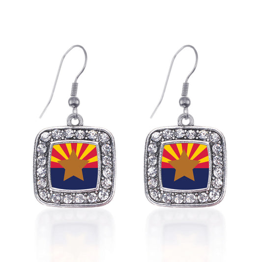 Silver Arizona Flag Square Charm Dangle Earrings