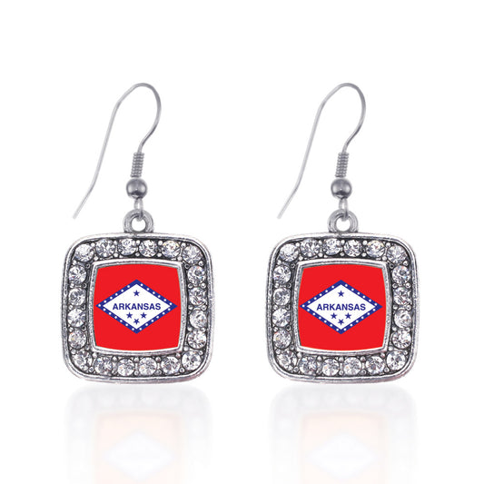 Silver Arkansas Flag Square Charm Dangle Earrings