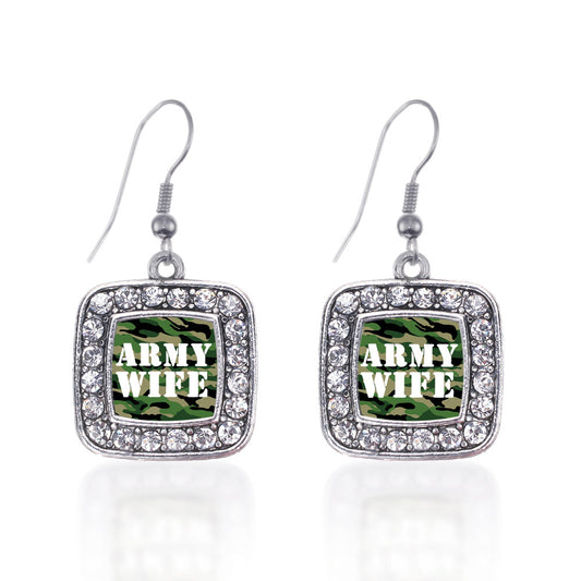 Silver Army Wife Square Charm Dangle Earrings