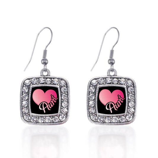 Silver Aunt Square Charm Dangle Earrings