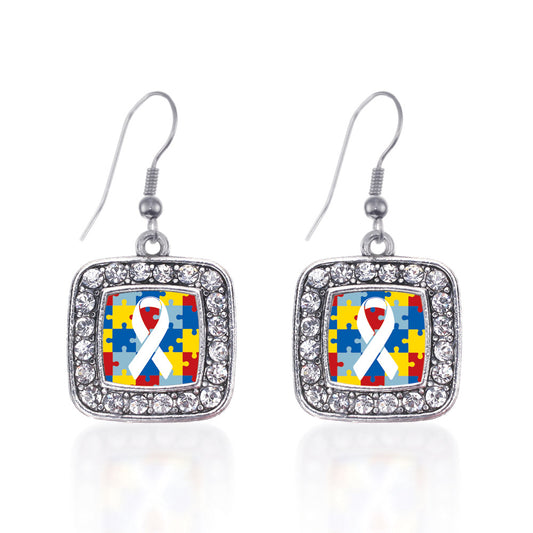Silver Autism Jigsaw Puzzle Square Charm Dangle Earrings