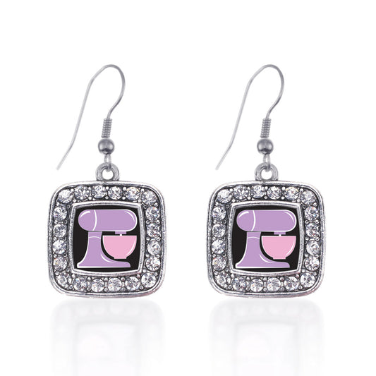 Silver Baking Mixer Square Charm Dangle Earrings