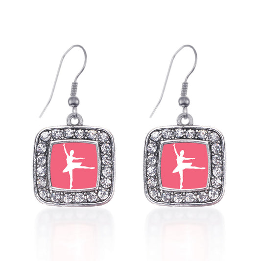 Silver Ballerina Dancer Square Charm Dangle Earrings