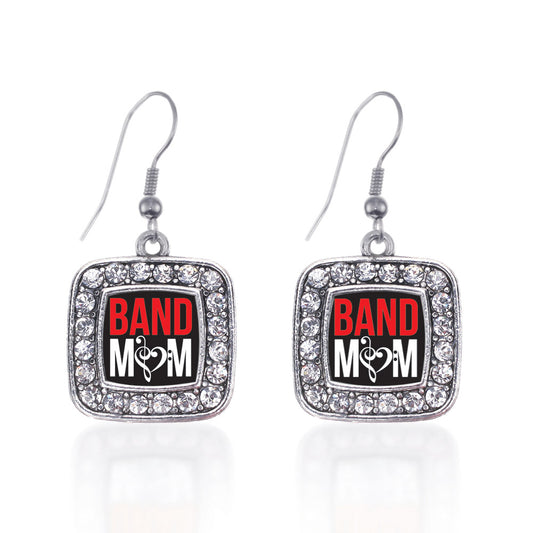 Silver Band Mom Square Charm Dangle Earrings