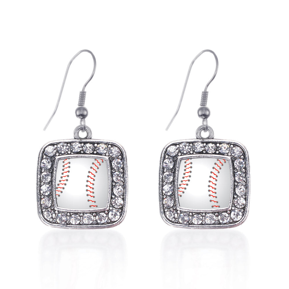 Silver Baseball Square Charm Dangle Earrings