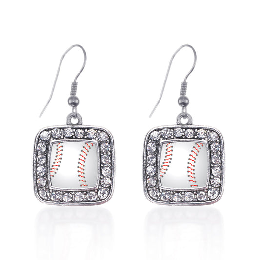 Silver Baseball Square Charm Dangle Earrings