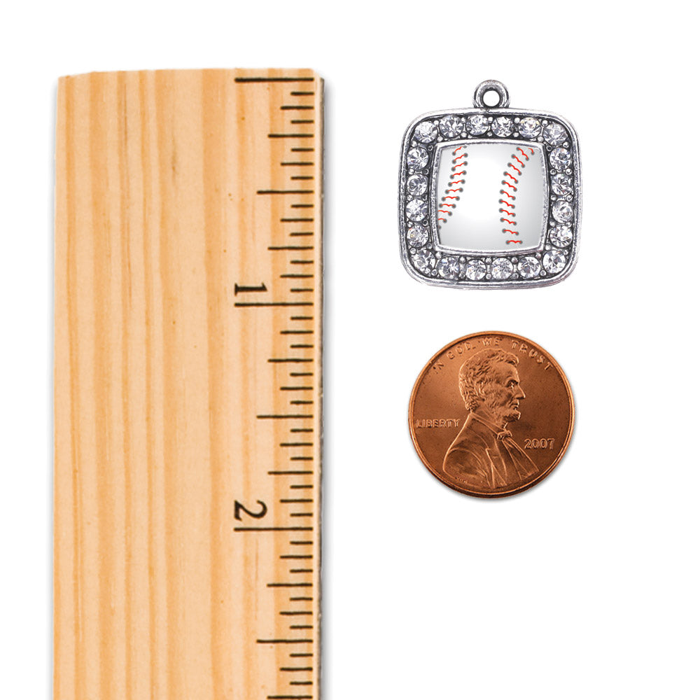 Silver Baseball Square Charm Dangle Earrings