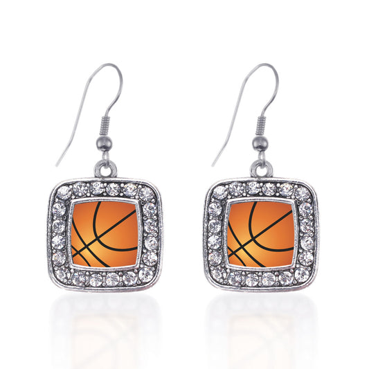 Silver Basketball Square Charm Dangle Earrings