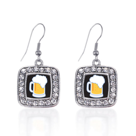 Silver Beer Lovers Square Charm Dangle Earrings