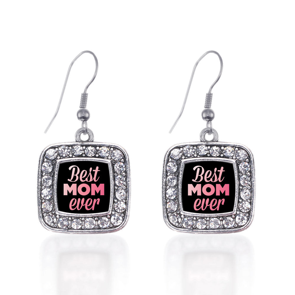 Silver Best Mom Ever Square Charm Dangle Earrings