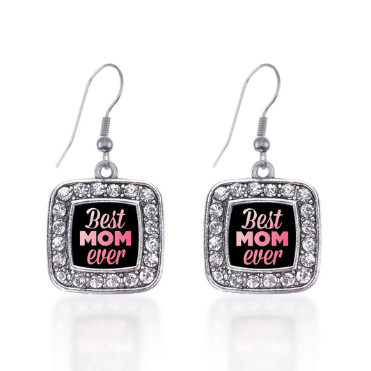 Silver Best Mom Ever Square Charm Dangle Earrings