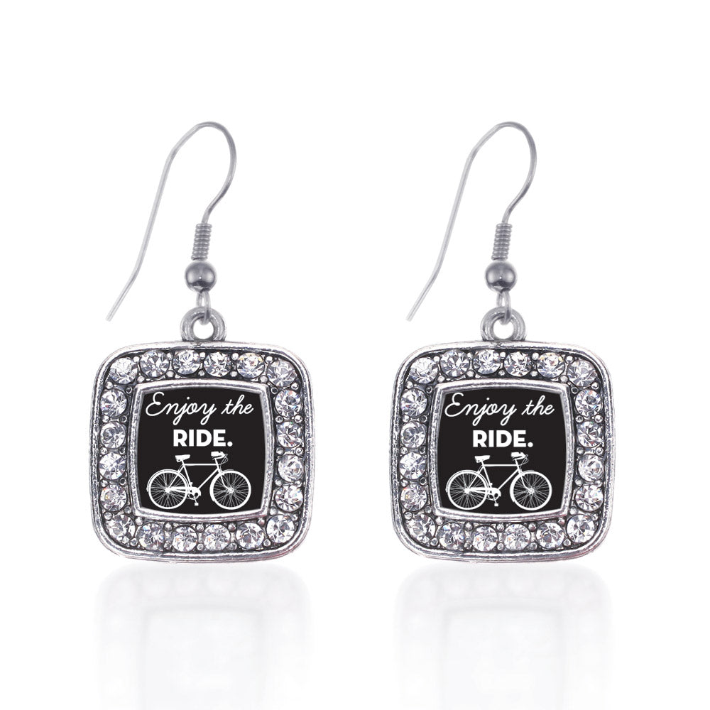 Silver Bicyclist Square Charm Dangle Earrings