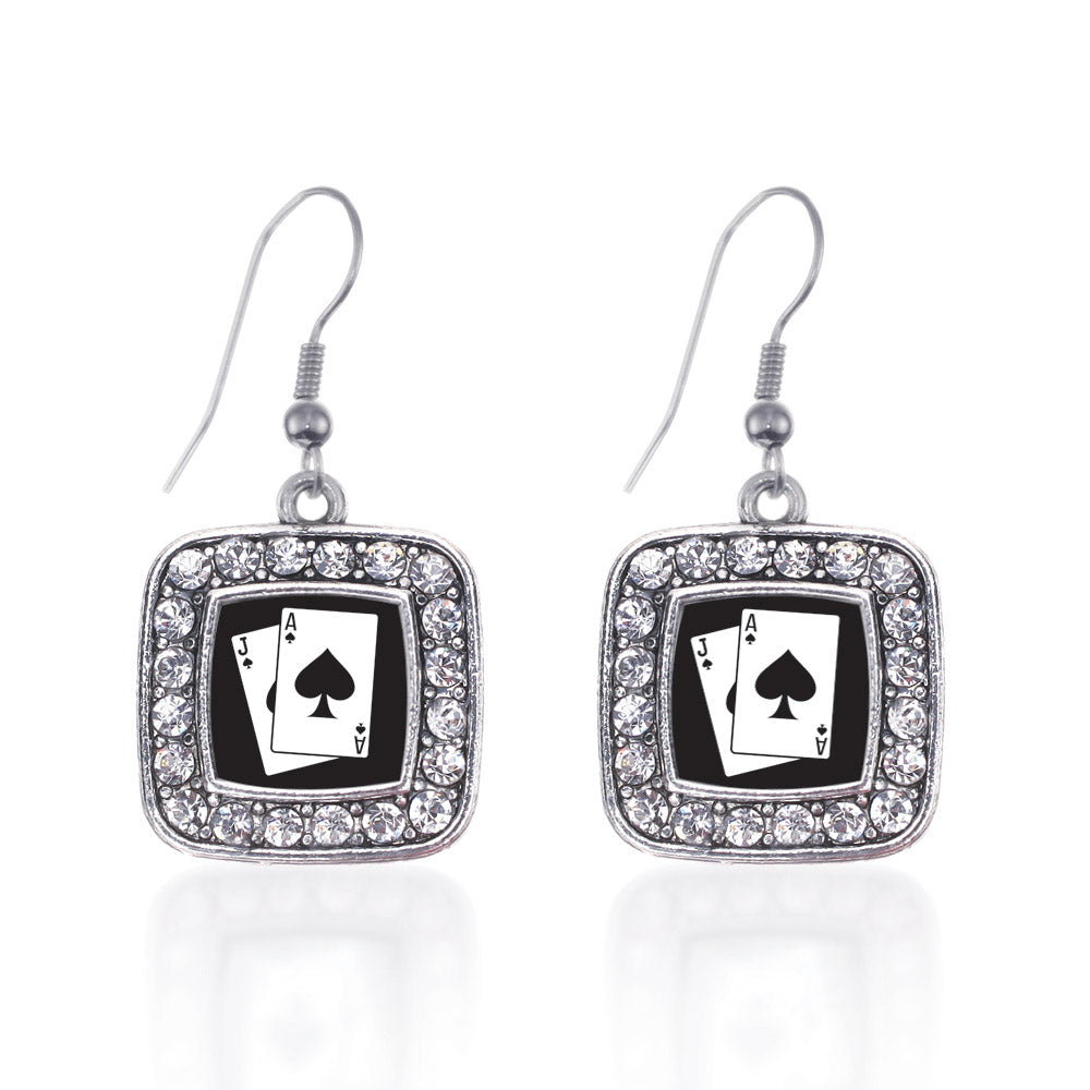 Silver Blackjack Square Charm Dangle Earrings