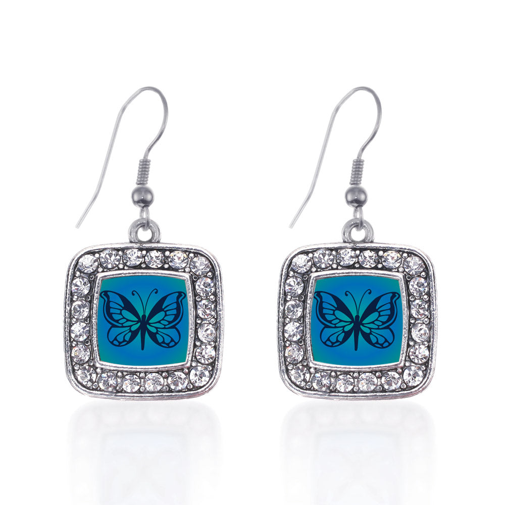 Silver Blue Butterfly Square Charm Dangle Earrings