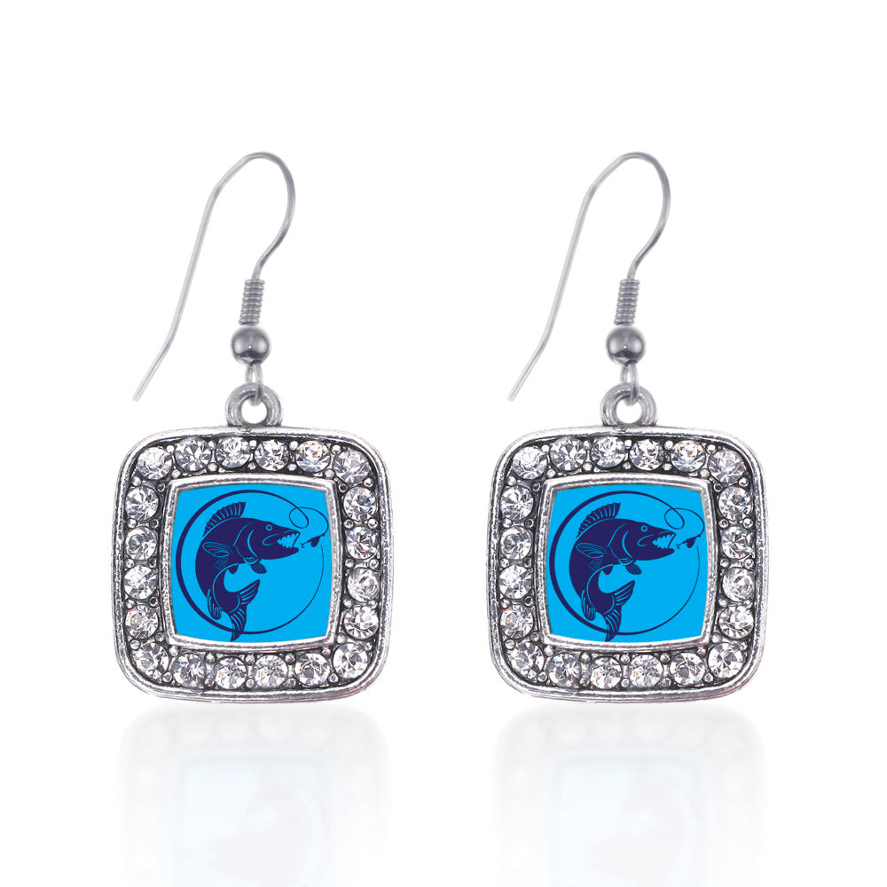 Silver Blue Fishing Square Charm Dangle Earrings