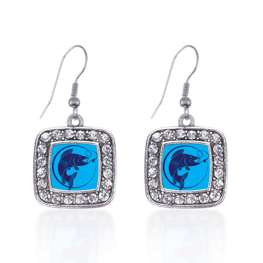 Silver Blue Fishing Square Charm Dangle Earrings