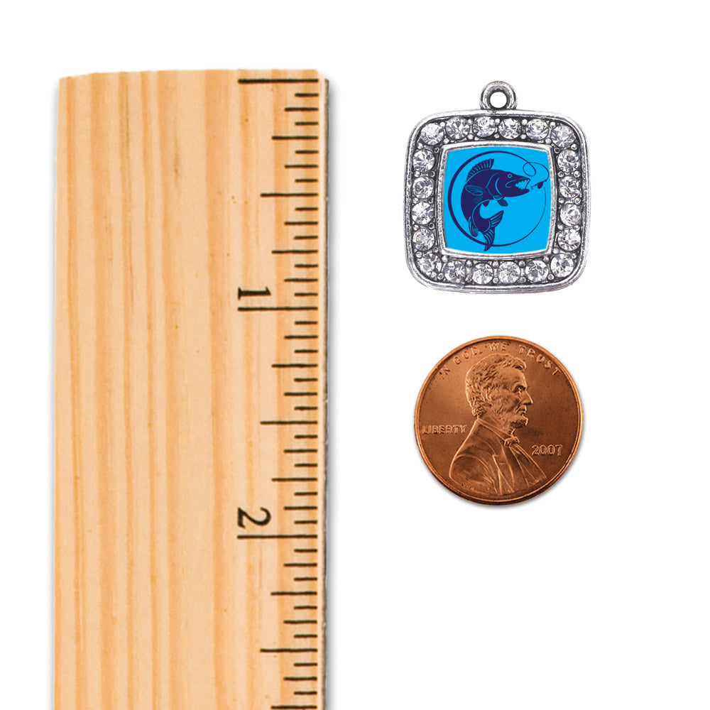 Silver Blue Fishing Square Charm Dangle Earrings