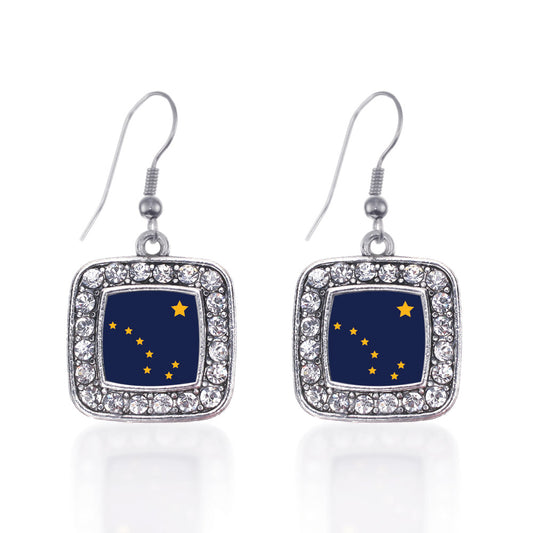 Silver Alaska Flag Square Charm Dangle Earrings