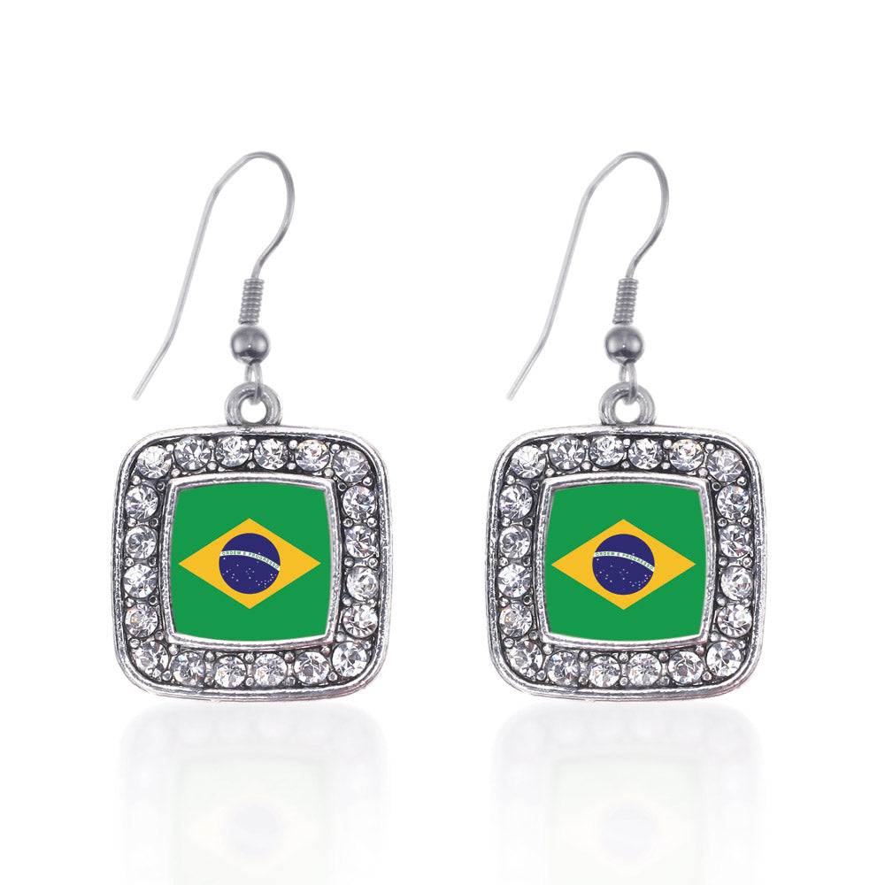 Silver Brazilian Flag Square Charm Dangle Earrings