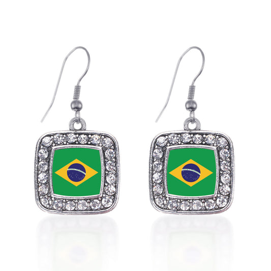 Silver Brazilian Flag Square Charm Dangle Earrings