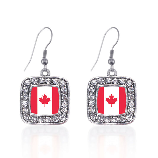 Silver Canadian Flag Square Charm Dangle Earrings