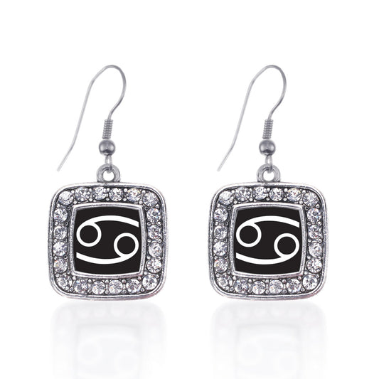 Silver Cancer Zodiac Square Charm Dangle Earrings