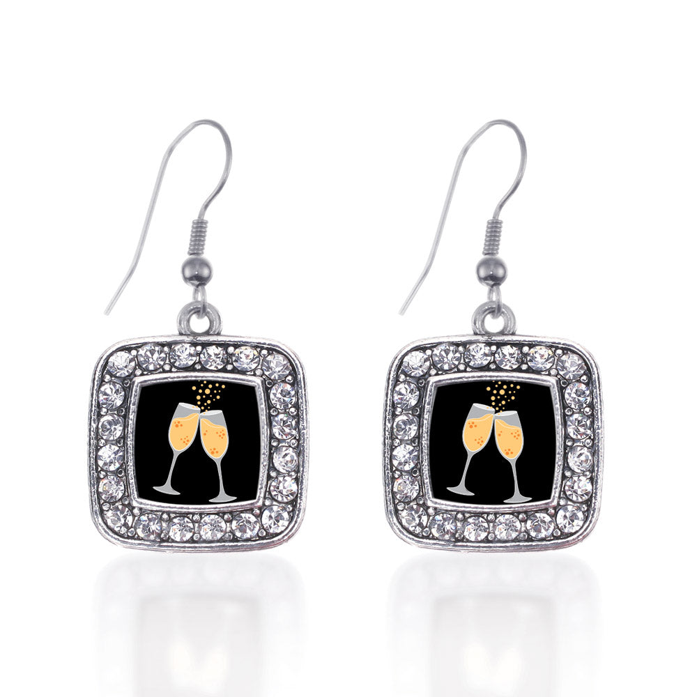 Silver Champagne Cheers Square Charm Dangle Earrings