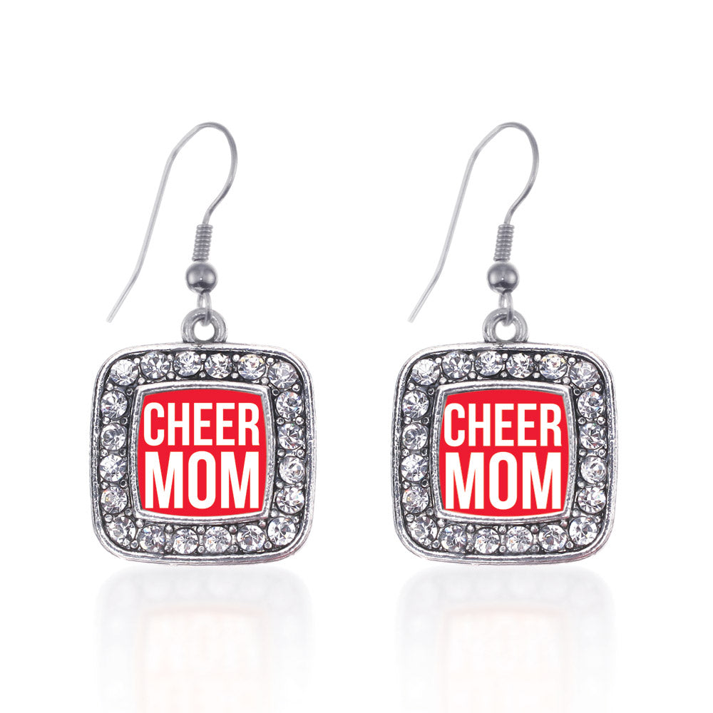 Silver Cheer Mom Square Charm Dangle Earrings