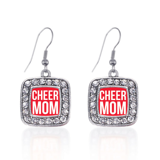 Silver Cheer Mom Square Charm Dangle Earrings