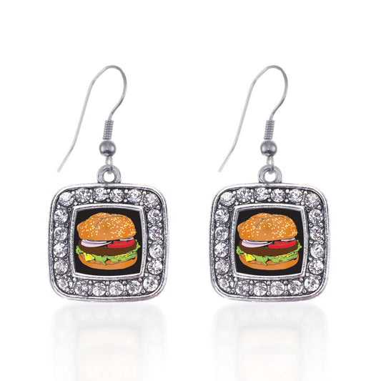 Silver Cheeseburger Square Charm Dangle Earrings