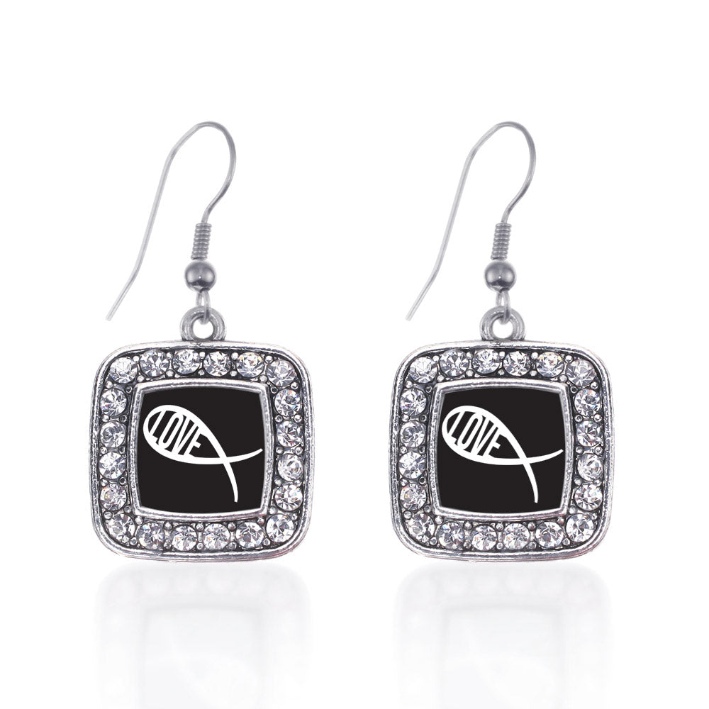 Silver Christian Fish Love Square Charm Dangle Earrings