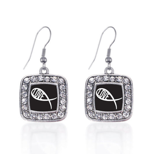 Silver Christian Fish Love Square Charm Dangle Earrings