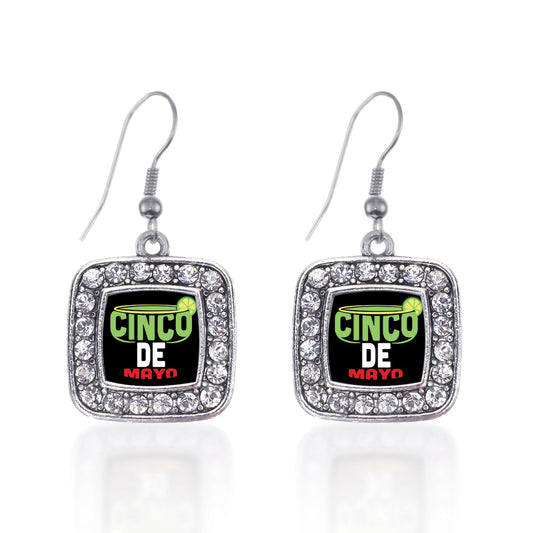 Silver Cinco De Mayo Square Charm Dangle Earrings