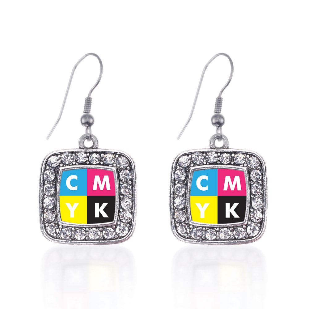 Silver CMYK Square Charm Dangle Earrings