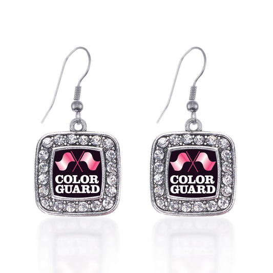 Silver Color Guard Square Charm Dangle Earrings