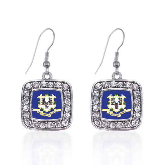 Silver Connecticut Flag Square Charm Dangle Earrings