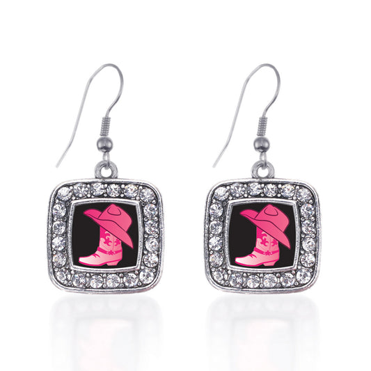Silver Cowgirl Boot Square Charm Dangle Earrings