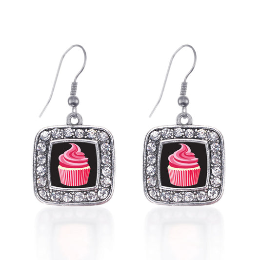 Silver Cupcake Lovers Square Charm Dangle Earrings
