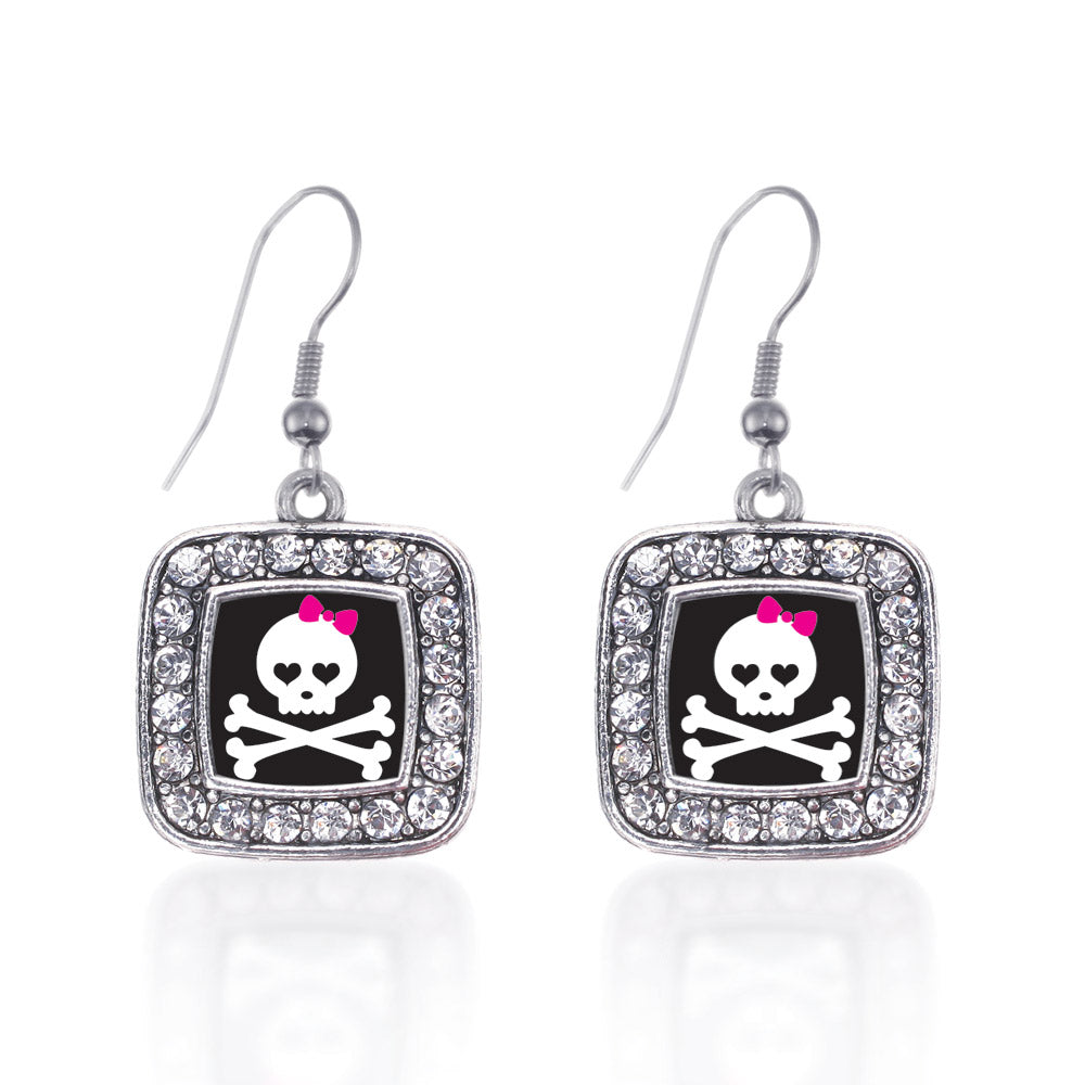 Silver Cute Skull And Crossbones Square Charm Dangle Earrings
