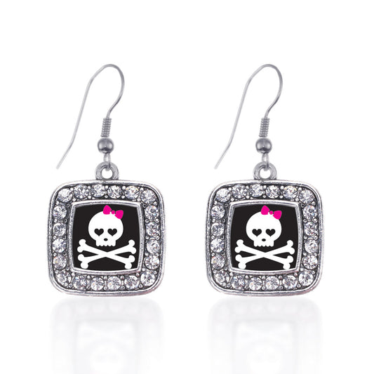 Silver Cute Skull And Crossbones Square Charm Dangle Earrings