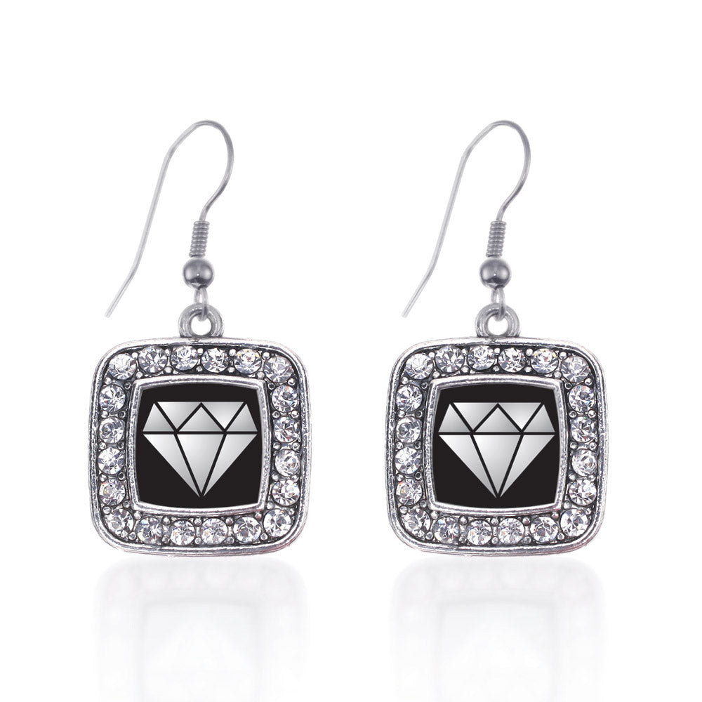 Silver Diamond Square Charm Dangle Earrings