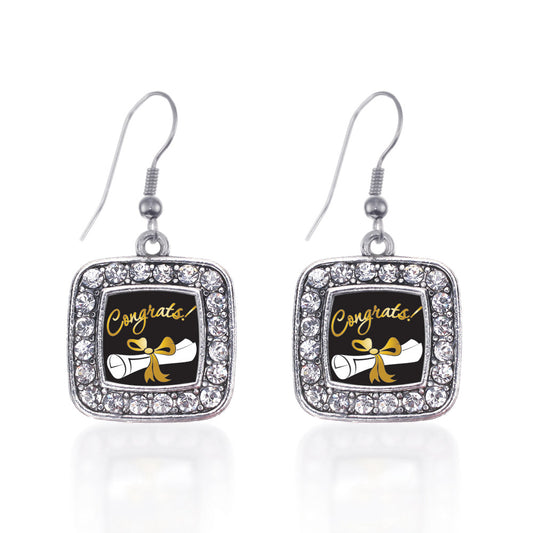 Silver Diploma Square Charm Dangle Earrings