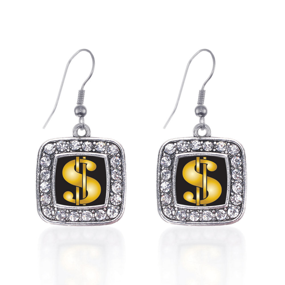 Silver Dollar Sign Square Charm Dangle Earrings