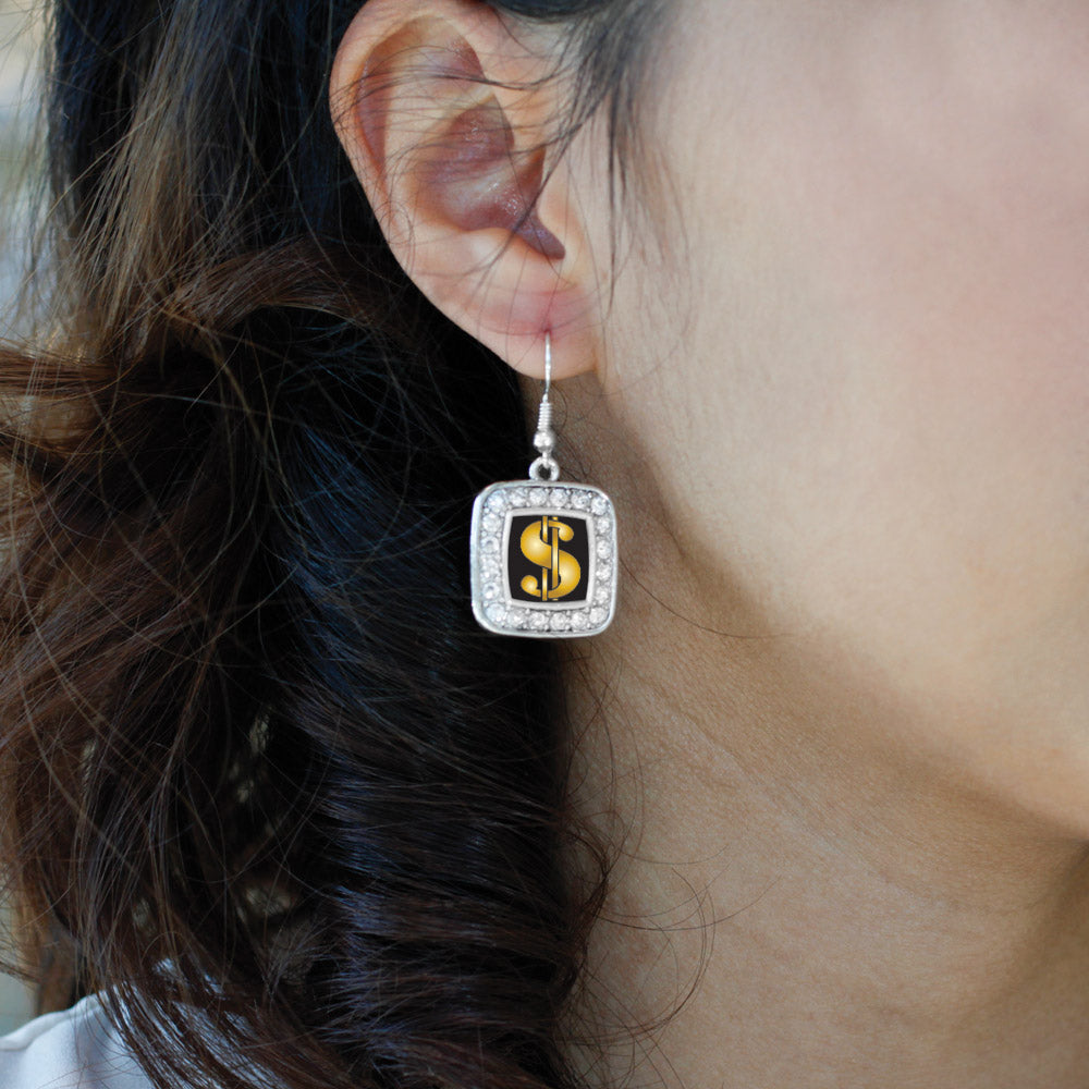Silver Dollar Sign Square Charm Dangle Earrings