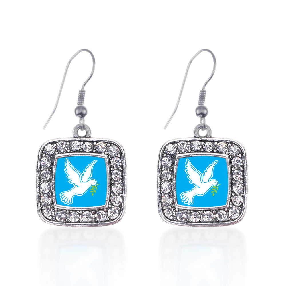Silver Dove Square Charm Dangle Earrings