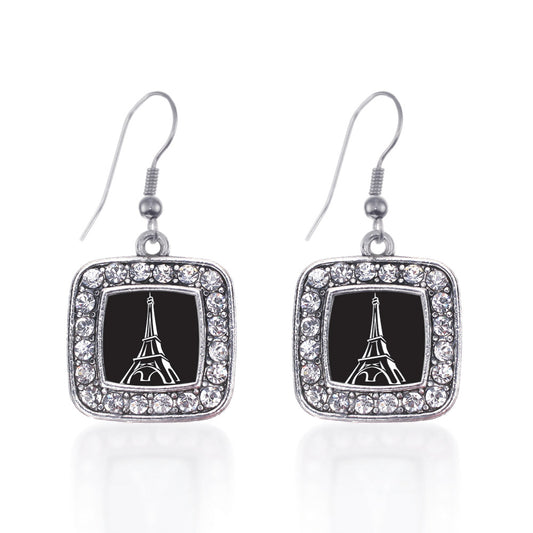 Silver Eiffel Tower Square Charm Dangle Earrings